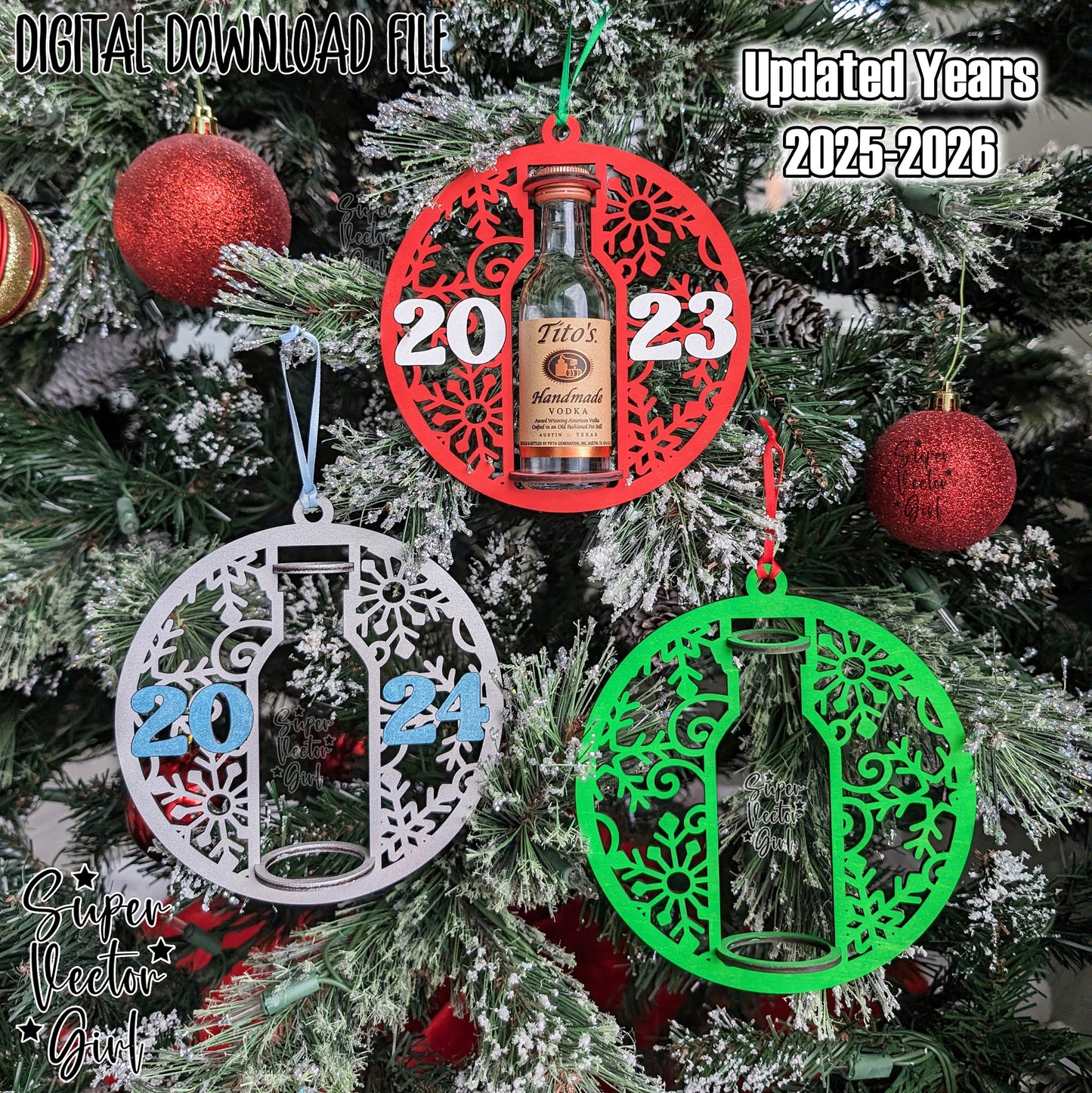 Mini Shooter Christmas New Year Ornament, 2025-2026, Compatible with Tito's Booze Bottle Shot, Alcohol 50 ML, Round Liquor Holder, SVG, Digital Laser Cut File, Gift