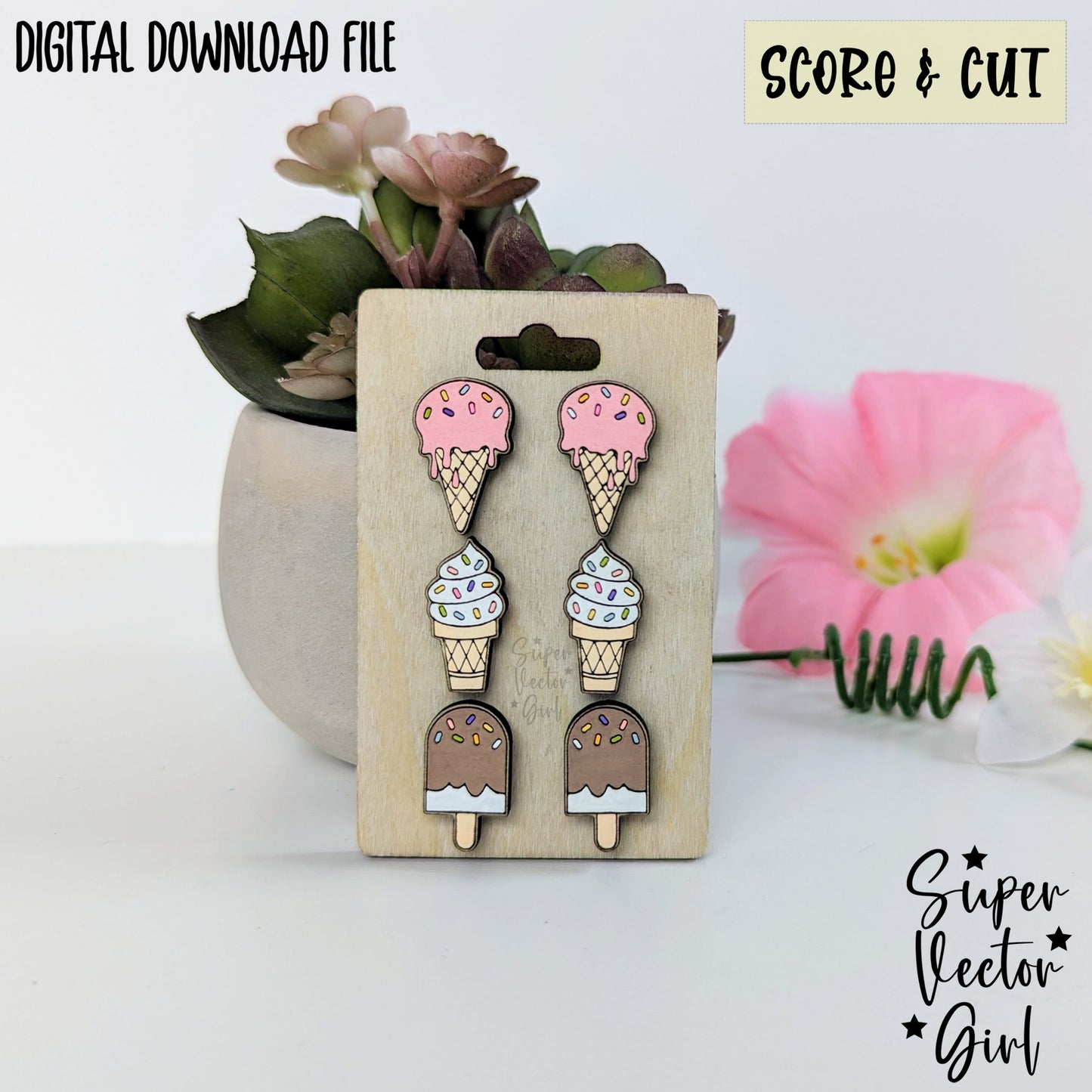 Ice Cream Stud Earrings Bundle Set, SVG, Laser Cut File, xTool Glowforge files, Score & Cut, Cute Summer Dessert Food Popsicles Cone Sprinkles kid