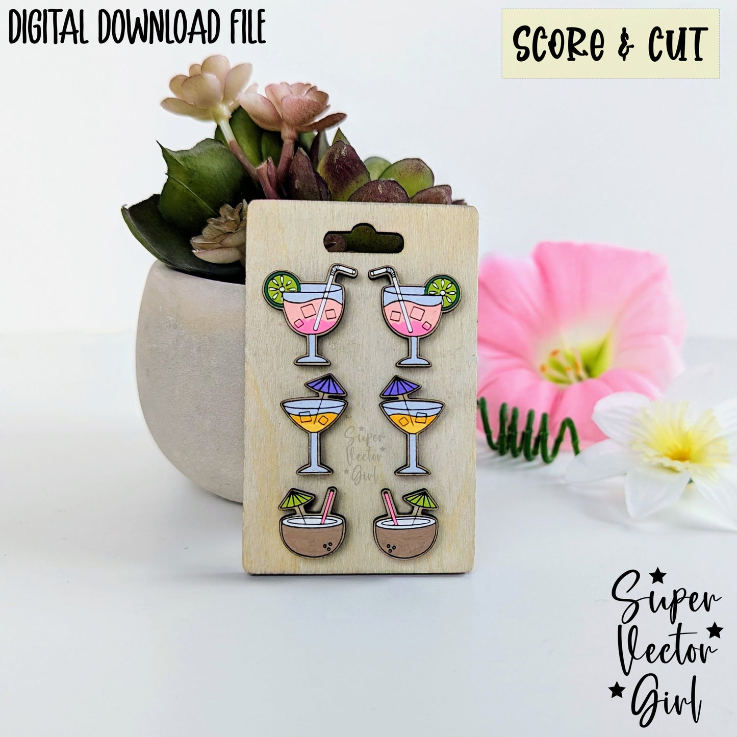 Cocktail Stud Earrings Bundle Set, SVG, Laser Cut File, Score & Cut, Cute Summer Mixed Drinks Martini Coconut Alcohol Booze