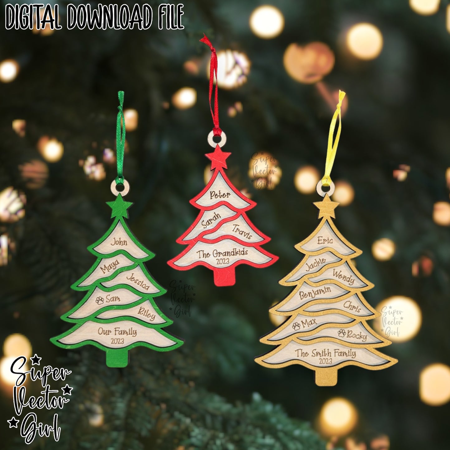 Our Family Christmas Tree Ornament, SVG, Digital Laser Cut File files, Personalized, Large Family, Grand Children, Names Engraved Ornament, Gift