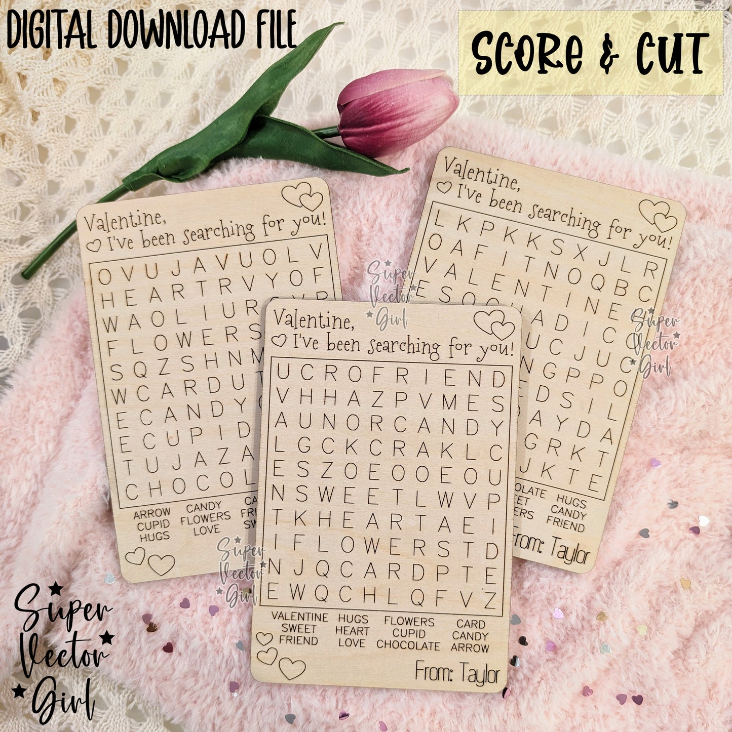 Valentine Word Search Card Set SVG Laser Cut File Valentine's Day Score and Cut Wooden Class Valentines Word Searches xTool Glowforge files