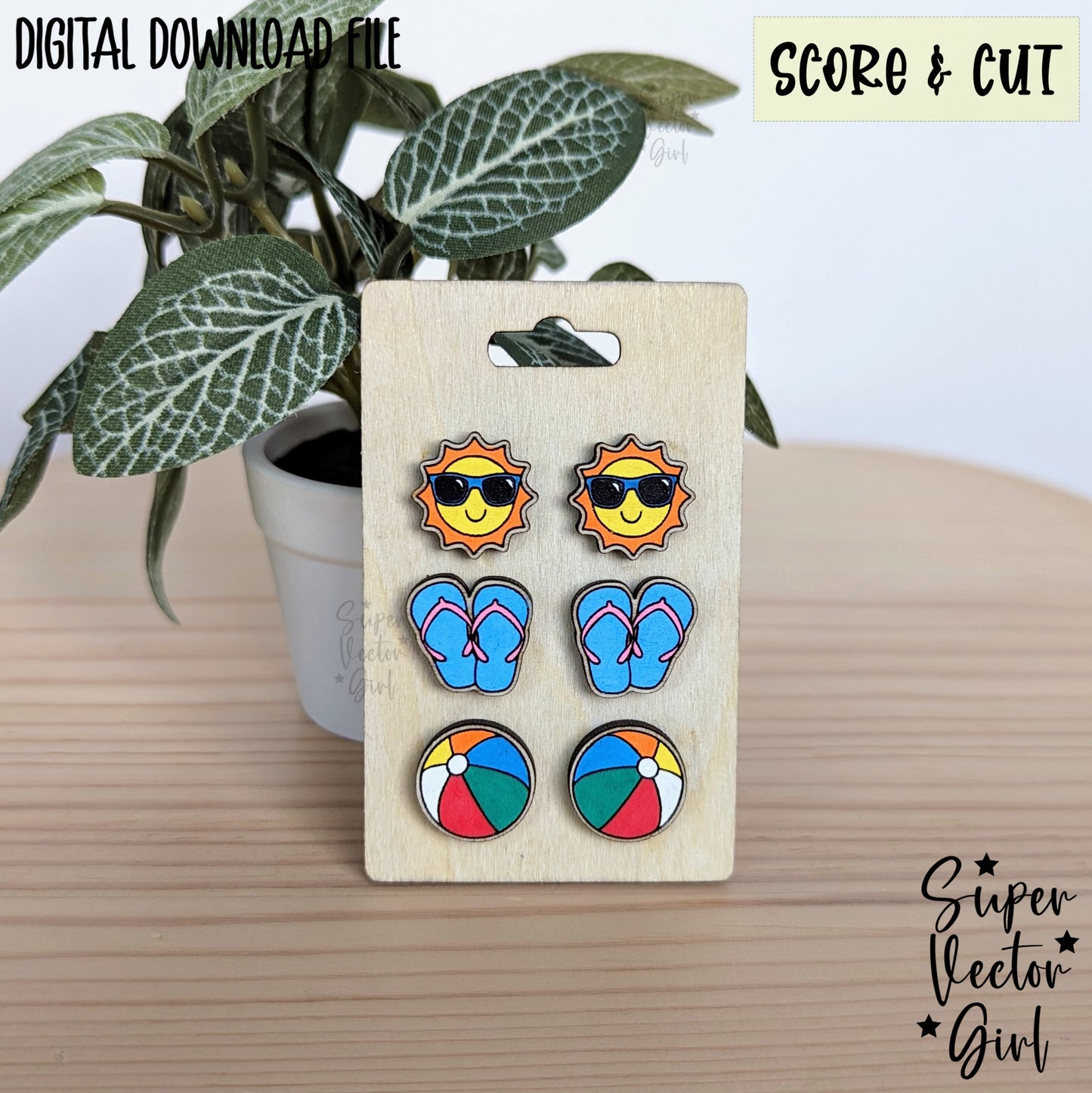 Summer Stud Earrings Bundle Set, SVG, Laser Cut File, xTool Glowforge files, Score & Cut, cute cool sun beach ball sea ocean flip flops sandals
