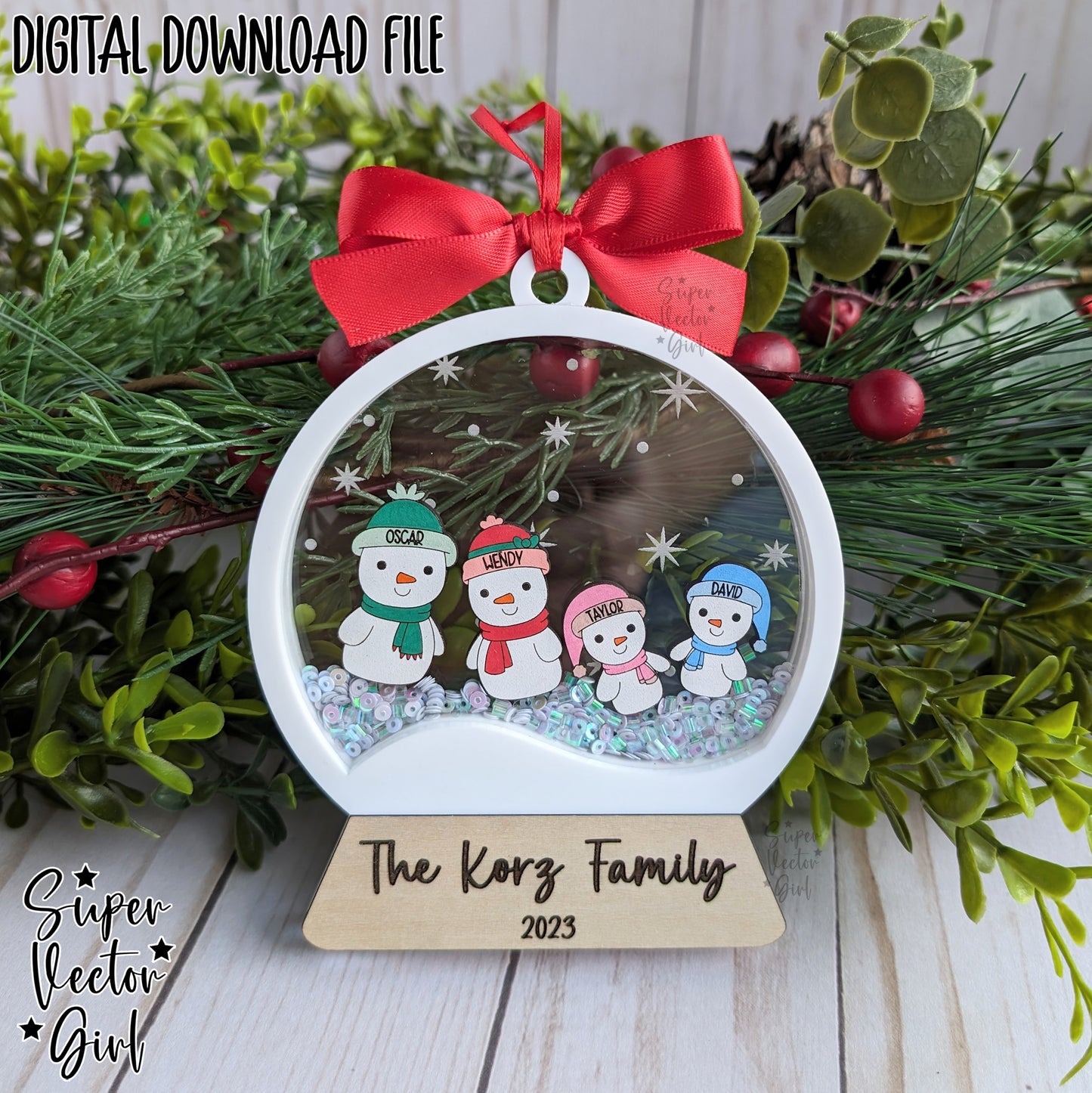 Snow Globe Shaker Snowman Family with Pets, Christmas Ornament up to 10 People, SVG, Laser Cut File, Dog Cat, Personalized Name