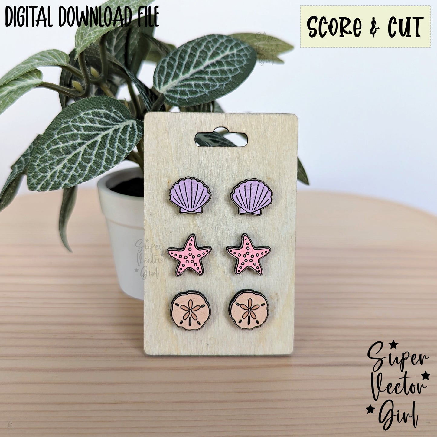 Beach Stud Earrings Bundle Set, SVG, Laser Cut File, xTool Glowforge files, Score & Cut, Cute Summer ocean seashell sea star starfish sand dollar