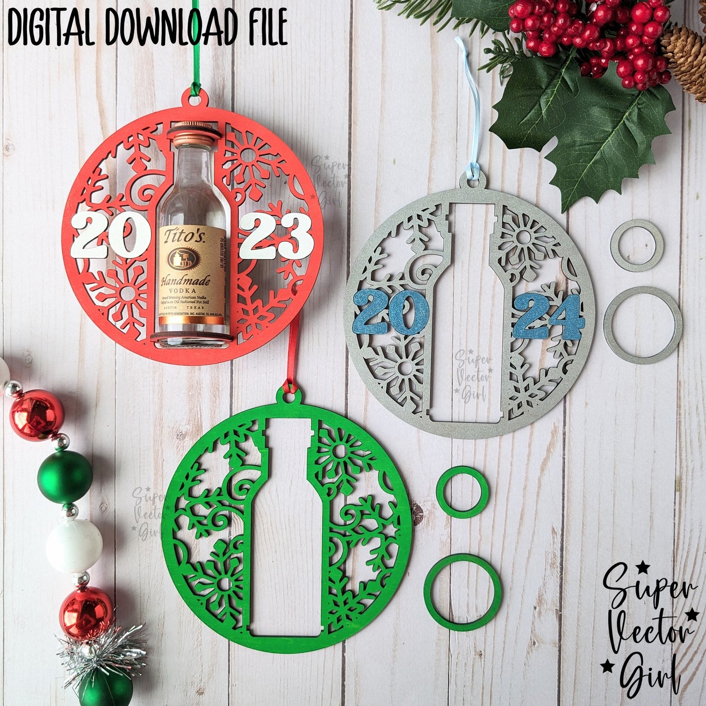 Mini Shooter Christmas New Year Ornament, 2025-2026, Compatible with Tito's Booze Bottle Shot, Alcohol 50 ML, Round Liquor Holder, SVG, Digital Laser Cut File, Gift