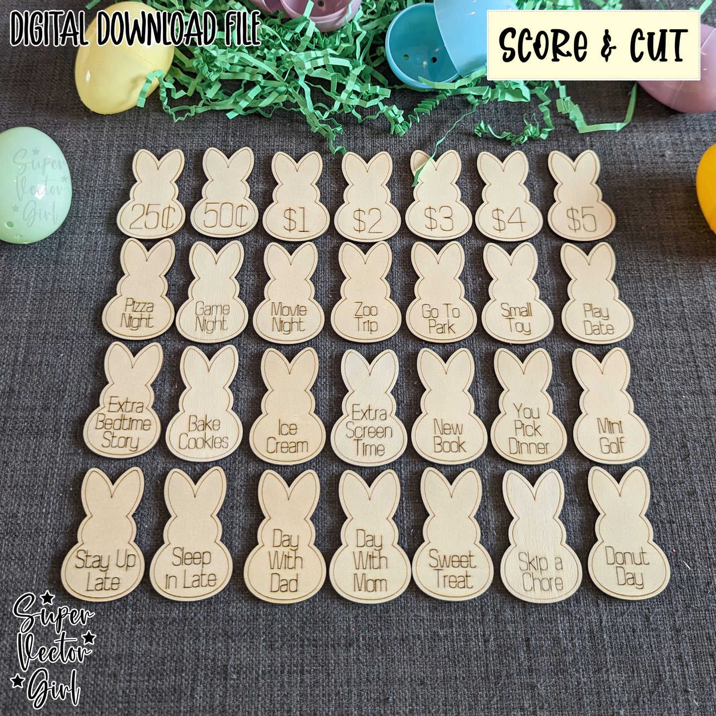 Easter Bunny Egg Tokens SVG Set, Score & Cut, Laser Cut File, xTool Glowforge files, Cute Rabbit, Egg Filler, Prize Reward Token Kids Eggs Hunt