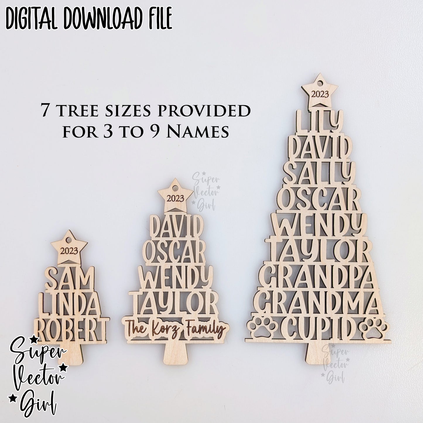 Family Name Christmas Tree Shape Ornament Template, 3 to 9 Family Members, SVG, Digital Laser Cut File files, Personalized Names, Engraved Gift
