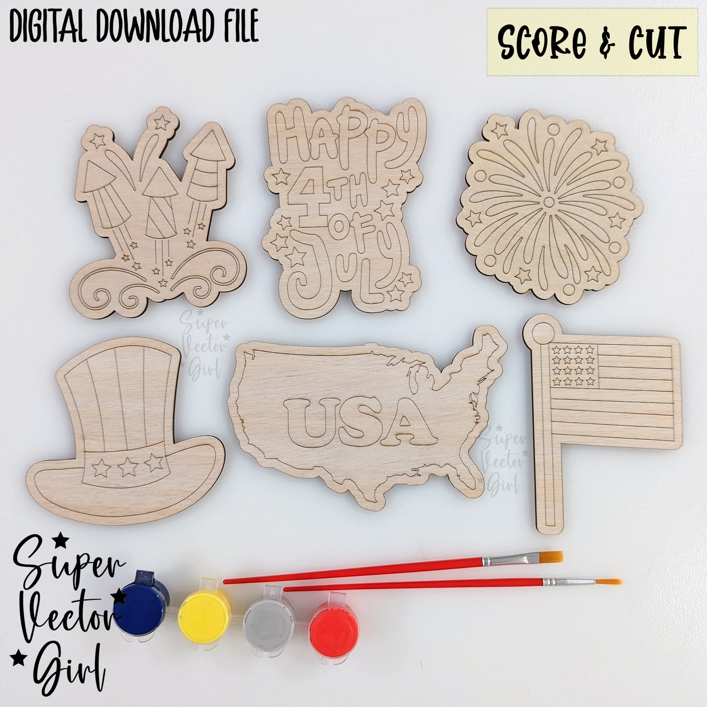 Fourth of July DIY Paint Kit Set, SVG, Score & Cut, Laser Cut File, xTool Glowforge files, summer kid coloring Independence Day America fireworks
