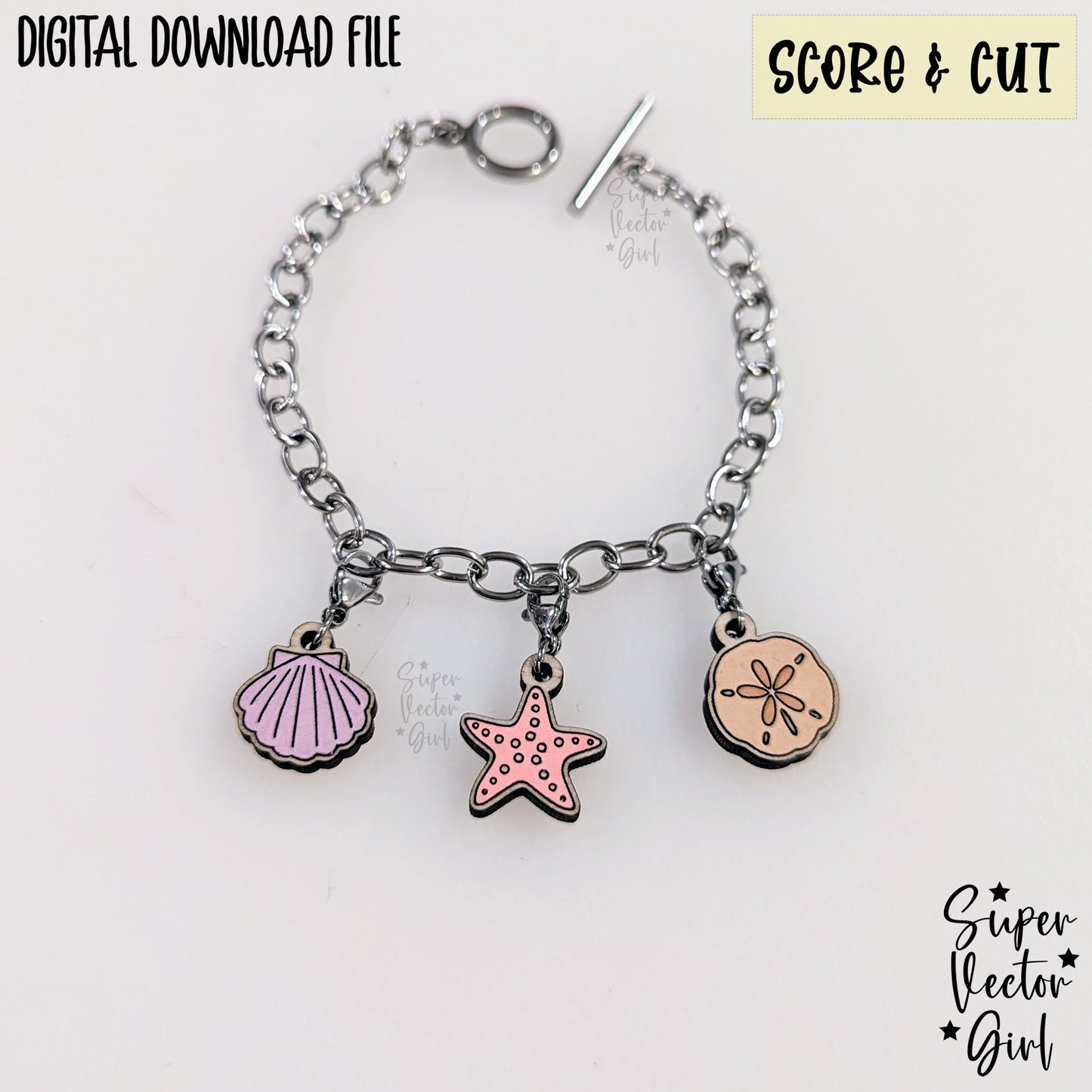 Beach Bracelet Charms Bundle Set, SVG, Digital Laser Cut File, xTool Glowforge files, Score & Cut, Summer sand dollar starfish sea shell star ocean