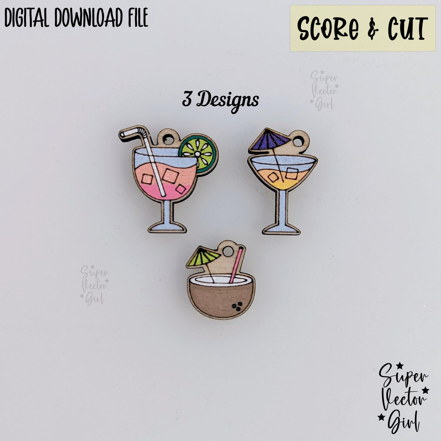 Cocktail Bracelet Charms Bundle Set, SVG, Laser Cut File, xTool Glowforge files, Score & Cut, Cute Summer Mixed Drinks Martini Coconut Alcohol Booze