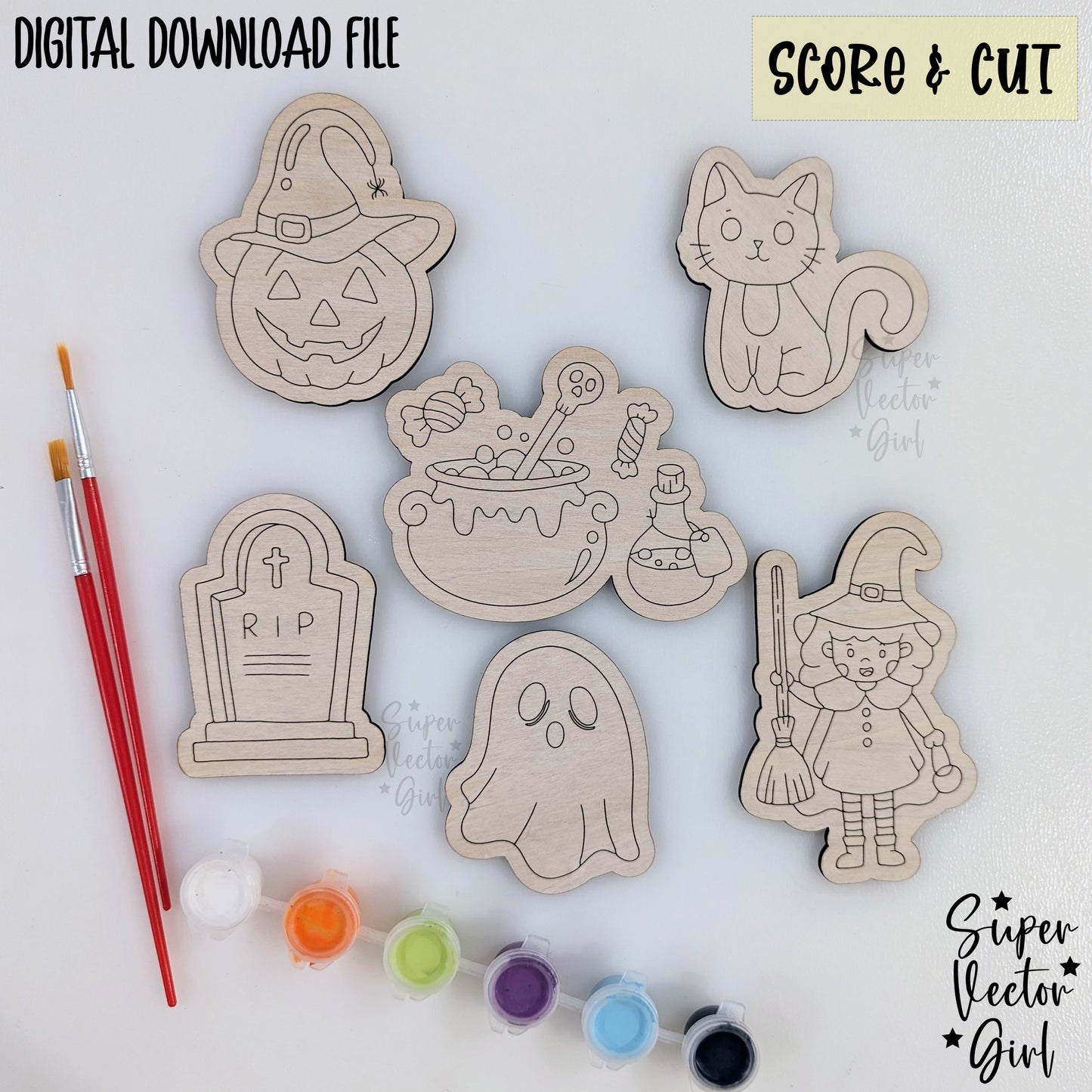 Halloween DIY Paint Kit Set, SVG, Digital Laser Cut File, xTool Glowforge files, Score & Cut, Cute Witch Cat Ghost Pumpkin Magic Potion coloring kids
