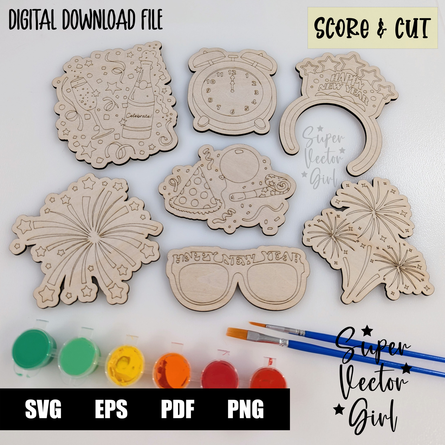 New Year DIY Paint Kit Set, SVG, Digital Laser Cut File, xTool Glowforge files, Score & Cut, Cute fireworks champagne clock glasses hat