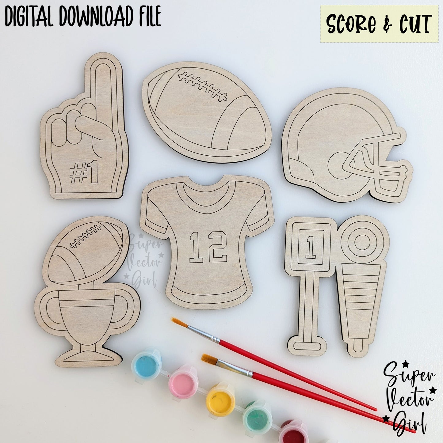 Football DIY Paint Kit Set, SVG, Score & Cut, Laser Cut File, xTool Glowforge files, sports, sport ball, trophy, jersey, stadium, kid coloring