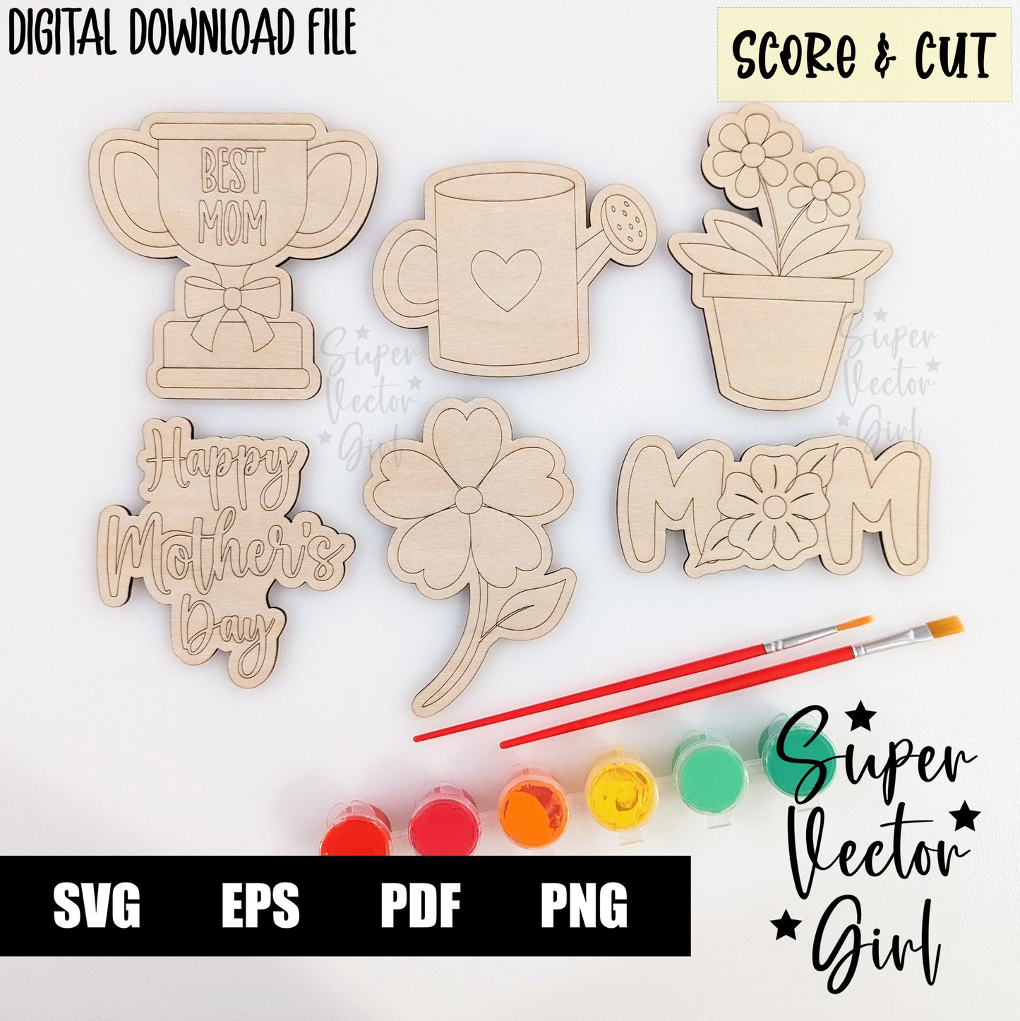 Mother's Day DIY Paint Kit Set, SVG, Score & Cut, Laser Cut File, xTool Glowforge files, Mom, Mum, flowers, trophy, best mom, kid coloring craft