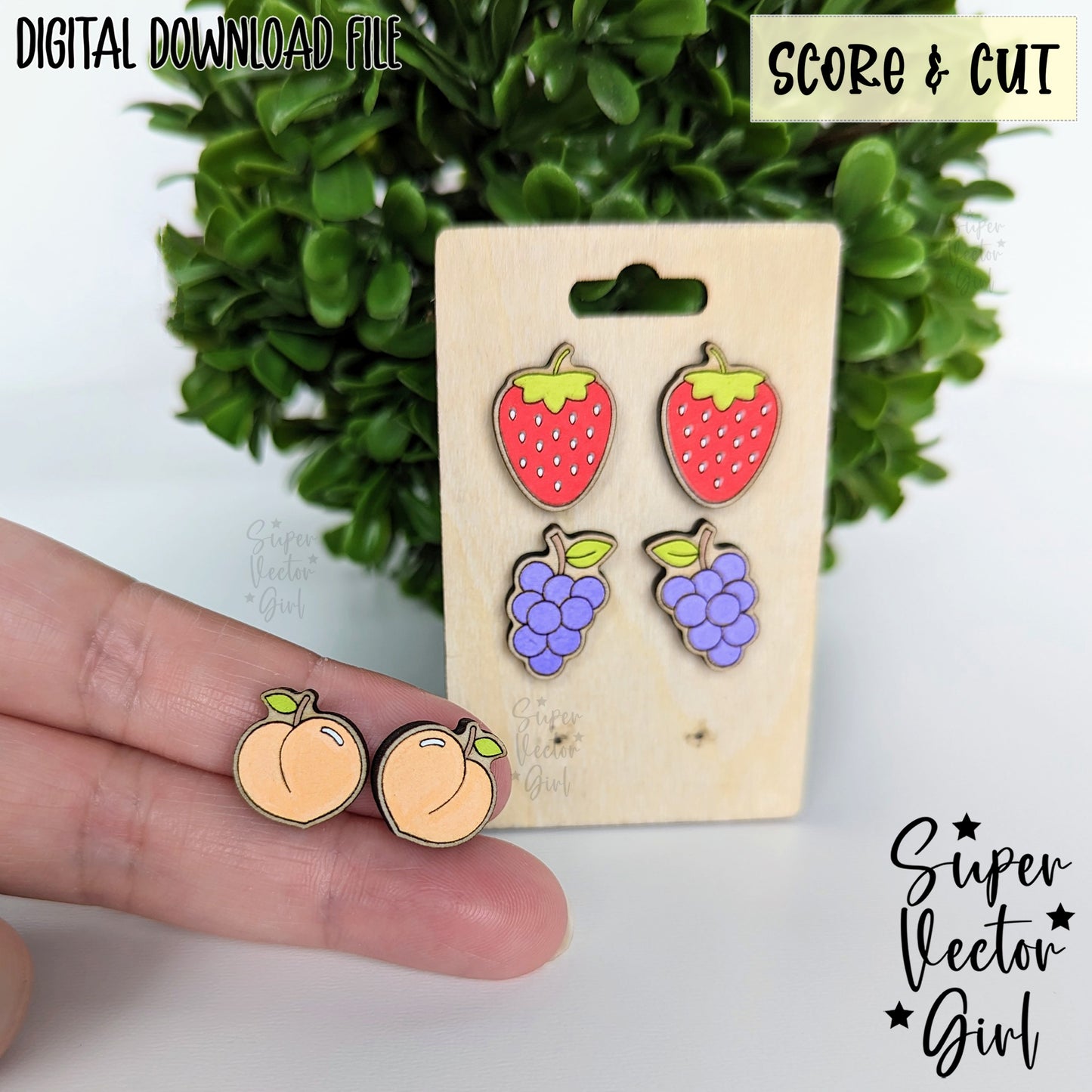 Fruits Set 1 Stud Earrings Bundle Set, SVG, Laser Cut File, Score & Cut, Cute Summer Fruit Strawberry Grape Peach Food Kid