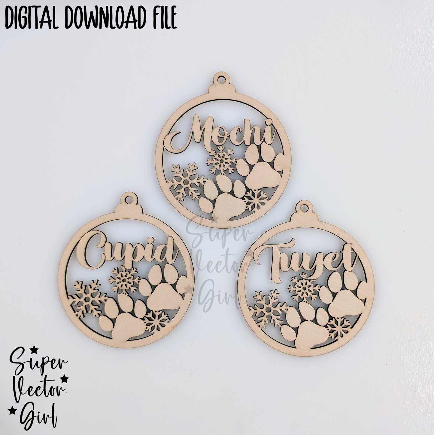 Pet Paw Christmas Tree Ornament for Dog or Cat Paws, SVG, Digital Laser Cut File files, Personalized Custom Animal Name, Gift, Decoration Memorial