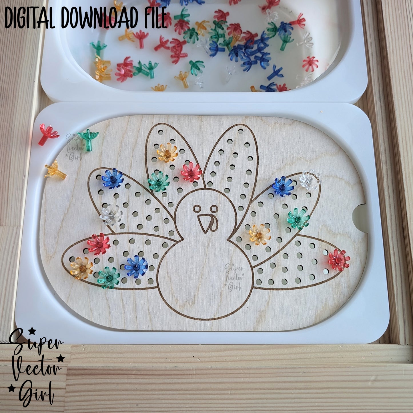 Thanksgiving Turkey Feathers Peg Trofast Small Bin Lid Insert Board SVG for IKEA Small Bins Laser Cut File Flisat Sensory Table DIY Fall