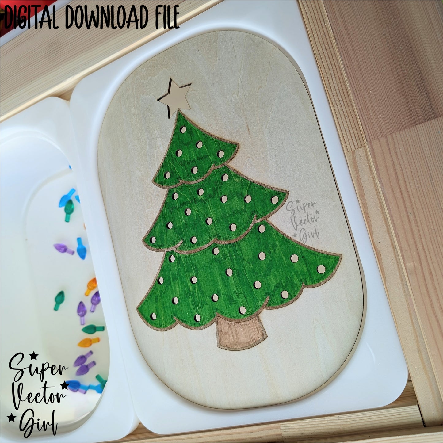 Christmas Tree Peg Lites Holes Insert Board, Trofast Bin Lid for IKEA Small Bins, SVG, Laser Cut File, Flisat, Sensory Table, DIY Light Bulb