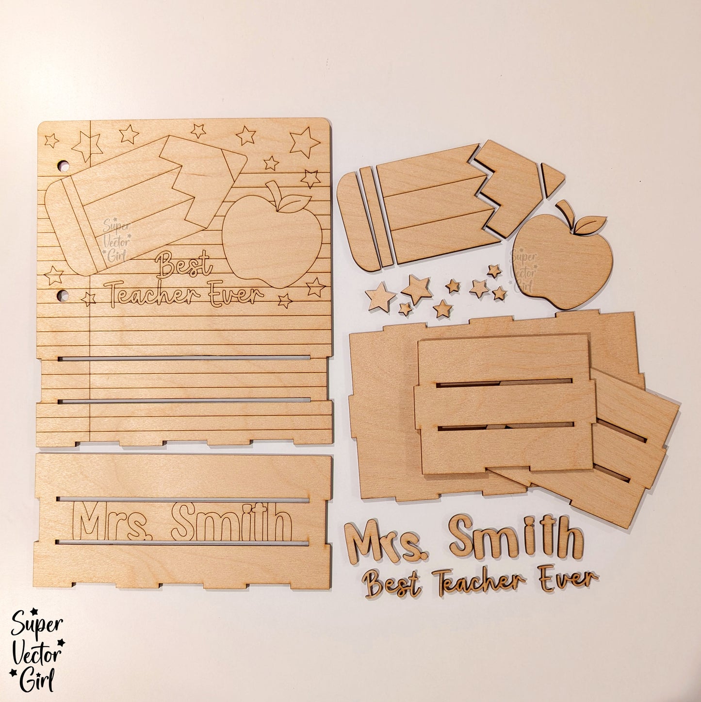 Small Teacher Gift Basket Crate SVG File, Personalized Teacher Appreciation Gift, Digital Laser Cut File, Desk Pen Holder, Wooden Storage, xTool Glowforge files, Custom Name