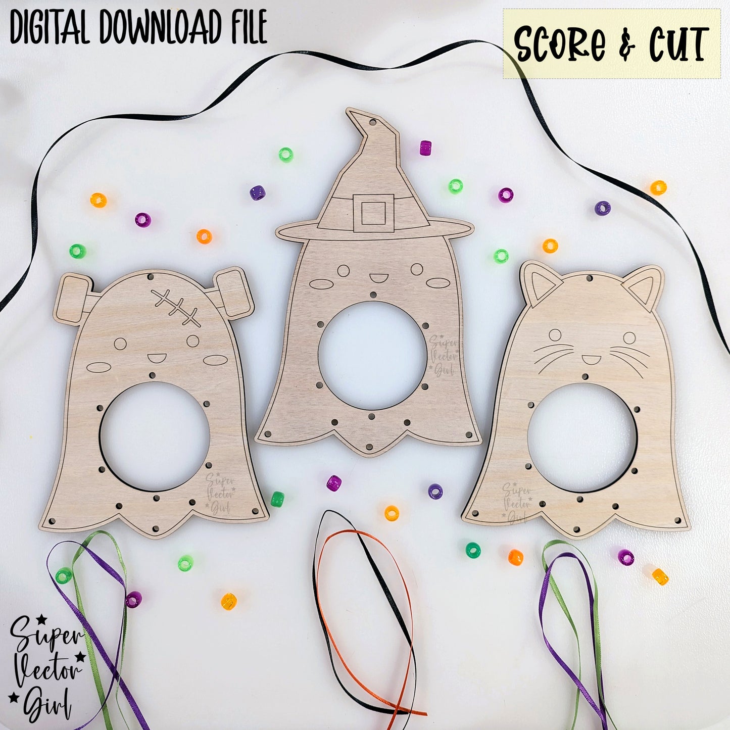 Cute Ghosts Weaving Craft, Halloween DIY Paint Kit Set, SVG, Digital Laser Cut File files, Witch Cat Ghost Frankenstein, Crafts for Kids