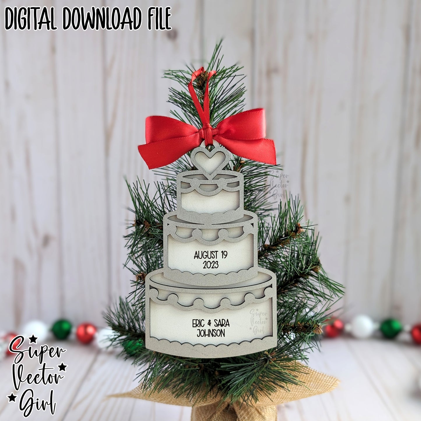 Wedding Cake Personalized Christmas Ornament, SVG, Laser Cut File files, Gift Couple Engagement, Bride, 1st First Christmas Married, Mr. Mrs. Custom Name