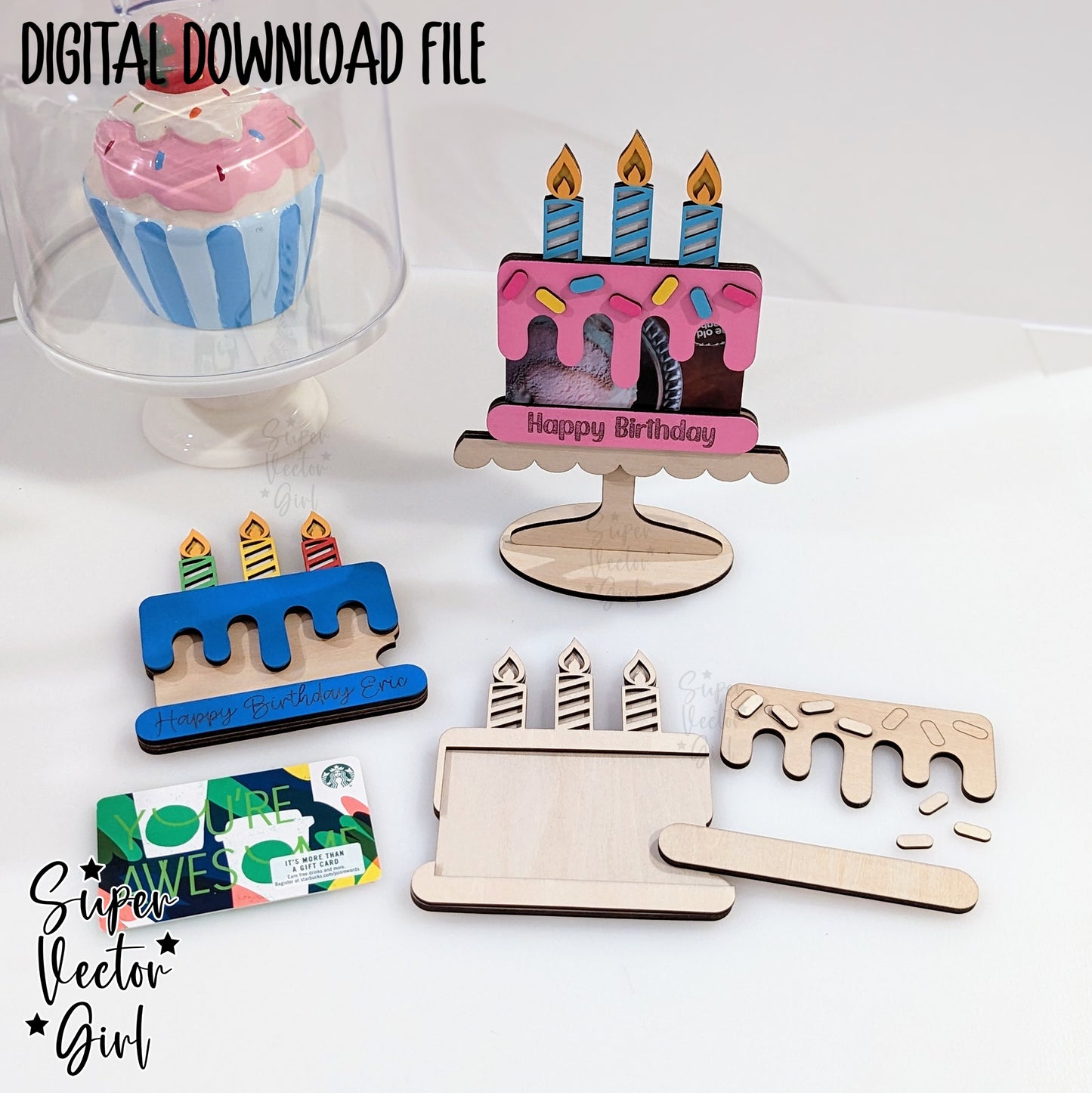Personalized Cake Gift Card Holder, Happy Birthday Cake with Stand, Laser Cut SVG File, xTool Glowforge files, gift present kids cute dessert party