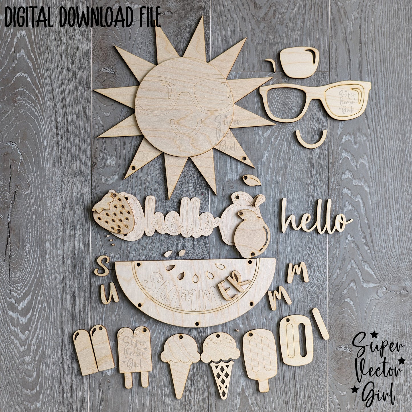 Summer Door Hanger Sign, SVG, Laser Cut File, Hello Summer Hanging Sign, Wall Decor, Accent Home Decoration, cute sun popsicle