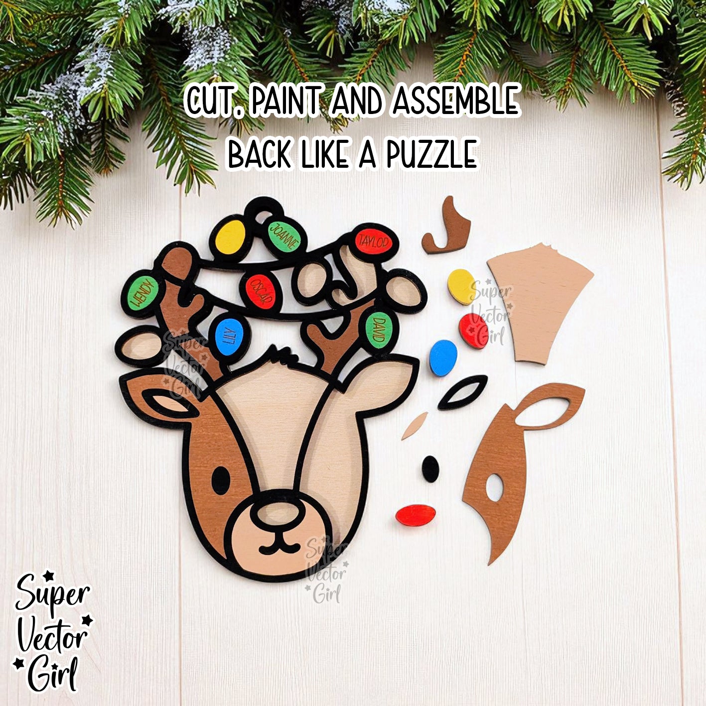 Reindeer Antlers with Lights Family Christmas Ornament, up to 10 Custom Names, Personalized, SVG, Laser Cut File, xTool WeCreat files, 1st Christmas, Baby, Married, Mr. Mrs. Big Large Family Members