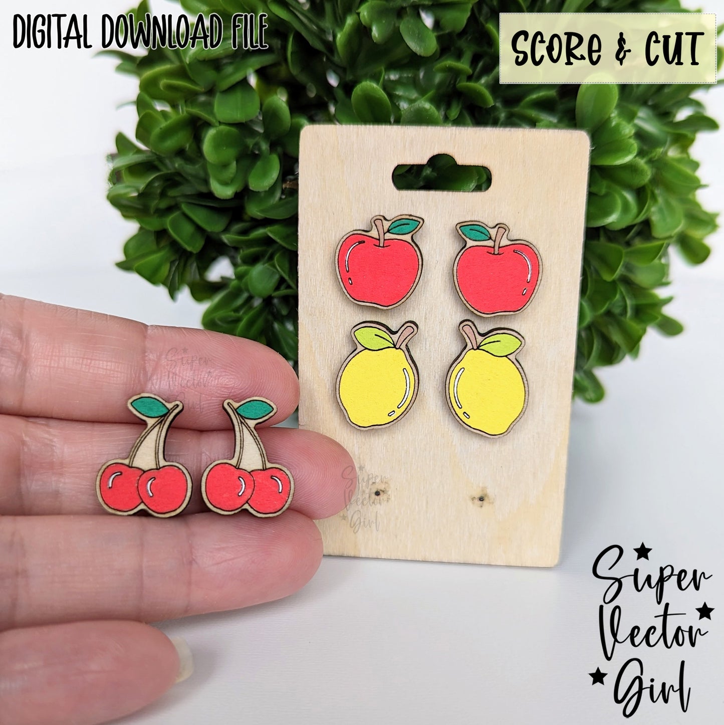 Fruits Set 2 Stud Earrings Bundle Set, SVG, Laser Cut File, Score & Cut, Cute Summer Fruit Apple Lemon Lime Cherry Food Kid