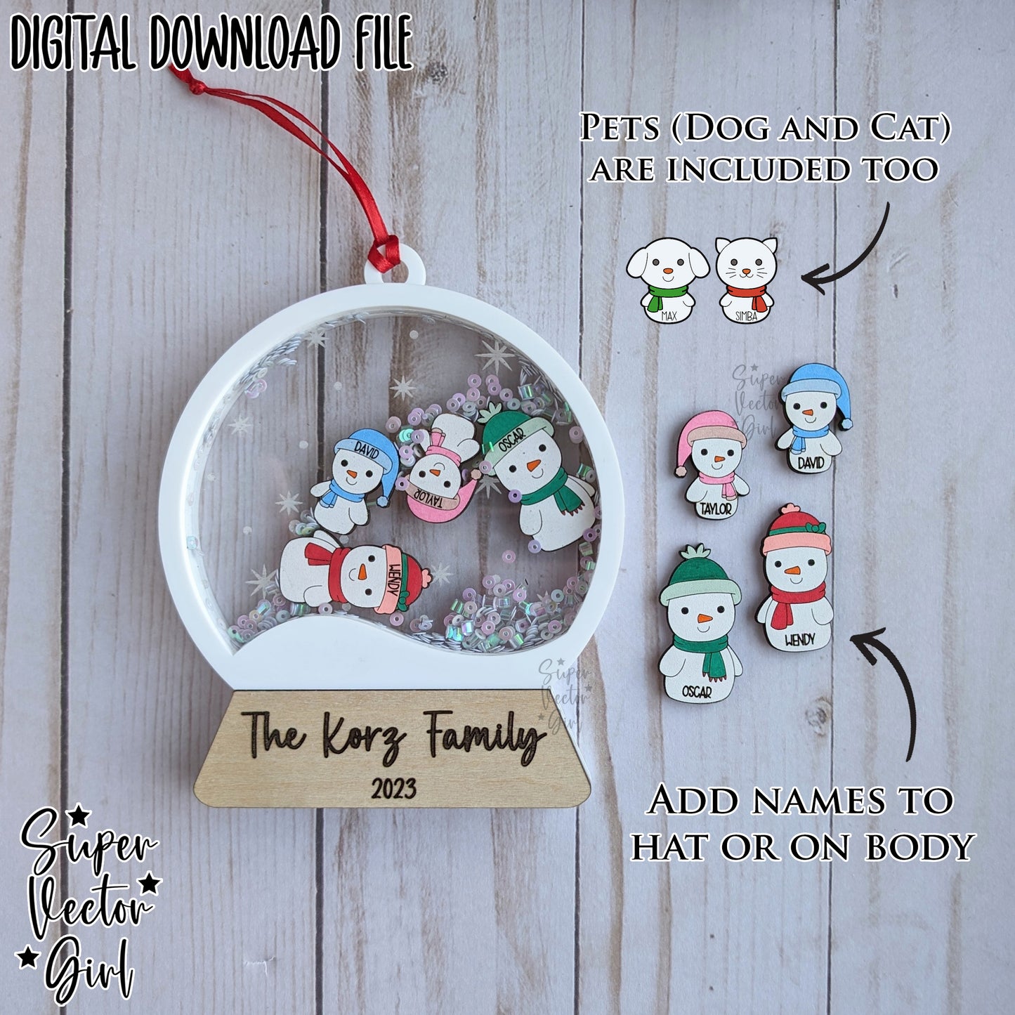 Snow Globe Shaker Snowman Family with Pets, Christmas Ornament up to 10 People, SVG, Laser Cut File, Dog Cat, Personalized Name