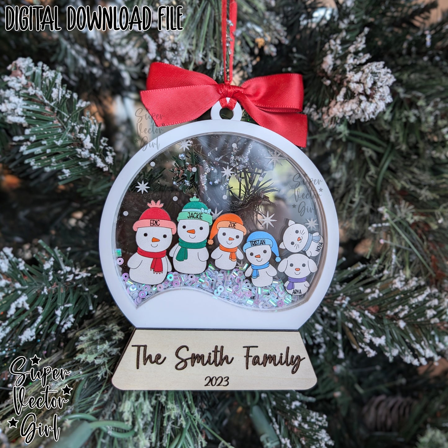 Snow Globe Shaker Snowman Family with Pets, Christmas Ornament up to 10 People, SVG, Laser Cut File, Dog Cat, Personalized Name