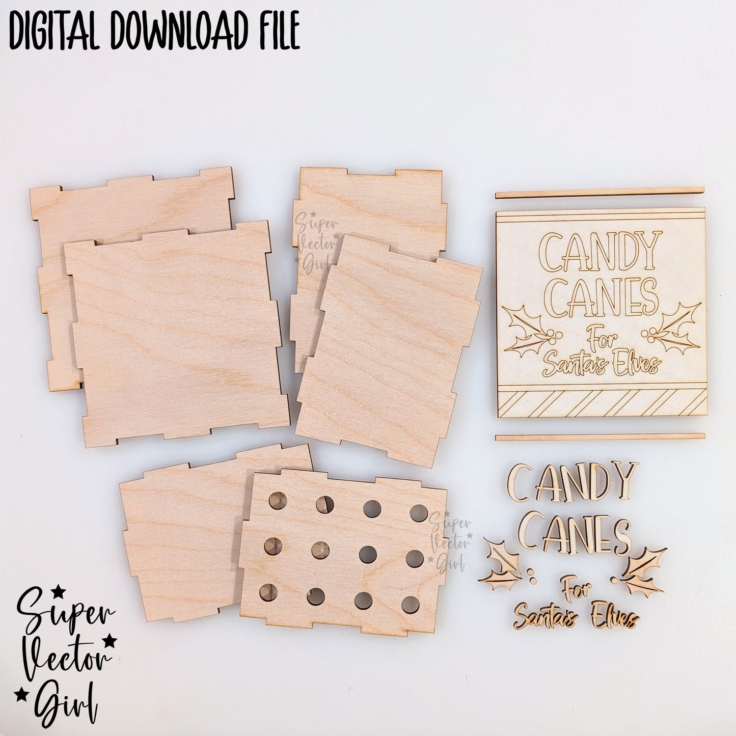 Candy Cane Holder For Santas Elves Box Cup, SVG, Laser Cut File files, Christmas Shelf Sitter, Display Farmhouse Home Decor, Wooden Storage Tray