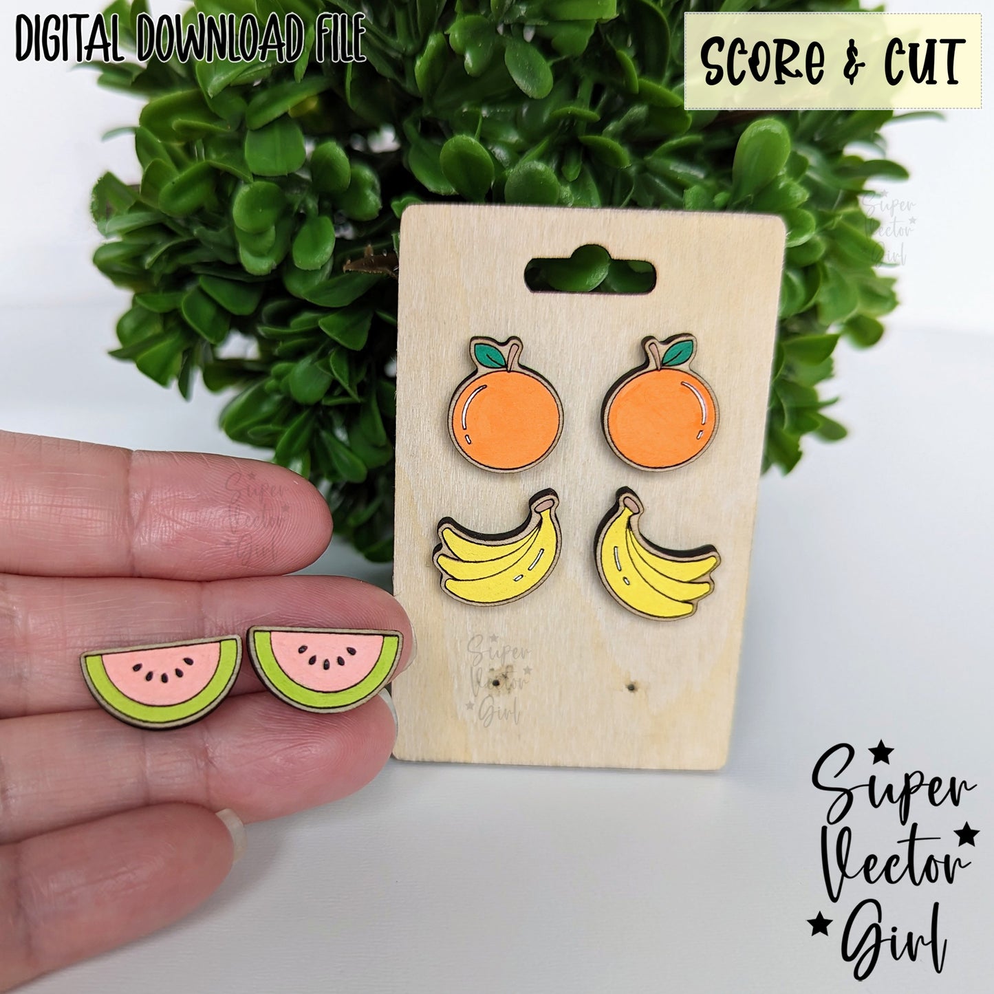Fruits Set 3 Stud Earrings Bundle Set, SVG, Laser Cut File, Score & Cut, Cute Summer Fruit Orange Banana Watermelon Food Kid