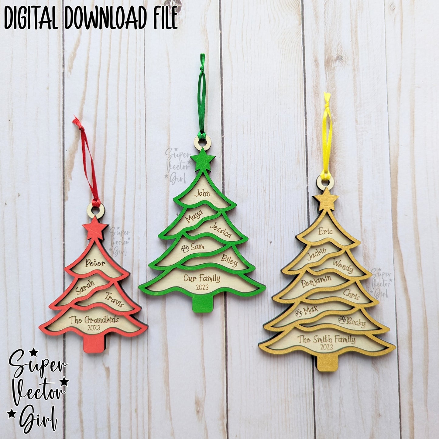Our Family Christmas Tree Ornament, SVG, Digital Laser Cut File files, Personalized, Large Family, Grand Children, Names Engraved Ornament, Gift
