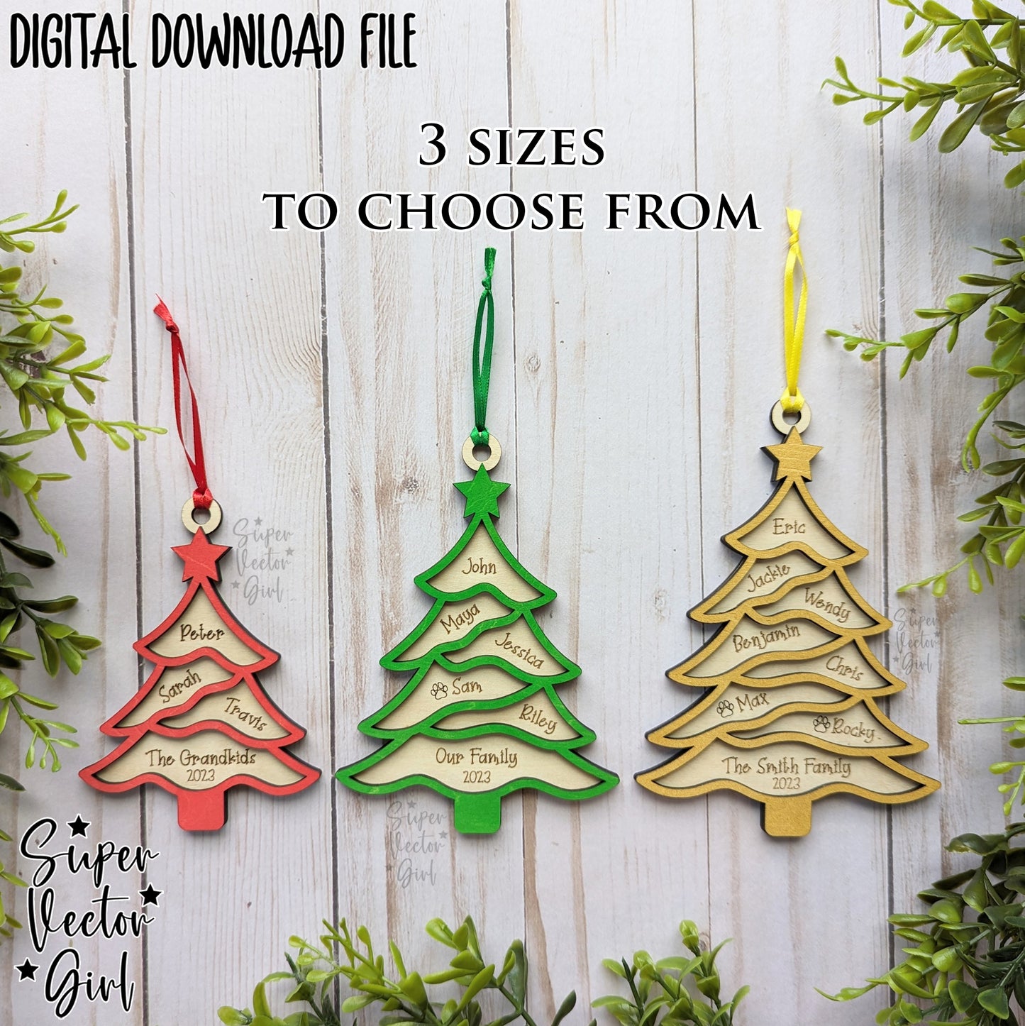 Our Family Christmas Tree Ornament, SVG, Digital Laser Cut File files, Personalized, Large Family, Grand Children, Names Engraved Ornament, Gift