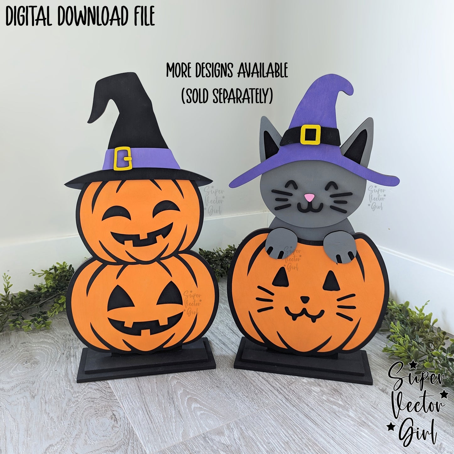 Halloween Cat in Pumpkin with Witch Hat, SVG, Laser Cut File, Porch Sign, Shelf Sitter, Home Decor Decoration, Fall Cute Kitten