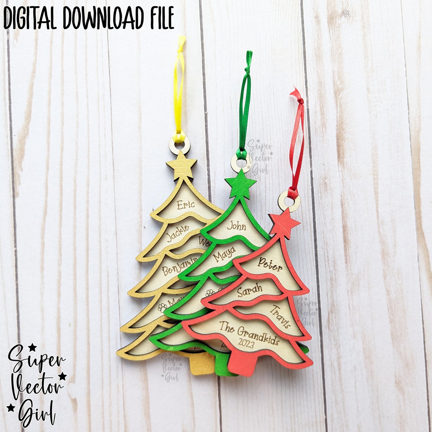 Our Family Christmas Tree Ornament, SVG, Digital Laser Cut File files, Personalized, Large Family, Grand Children, Names Engraved Ornament, Gift