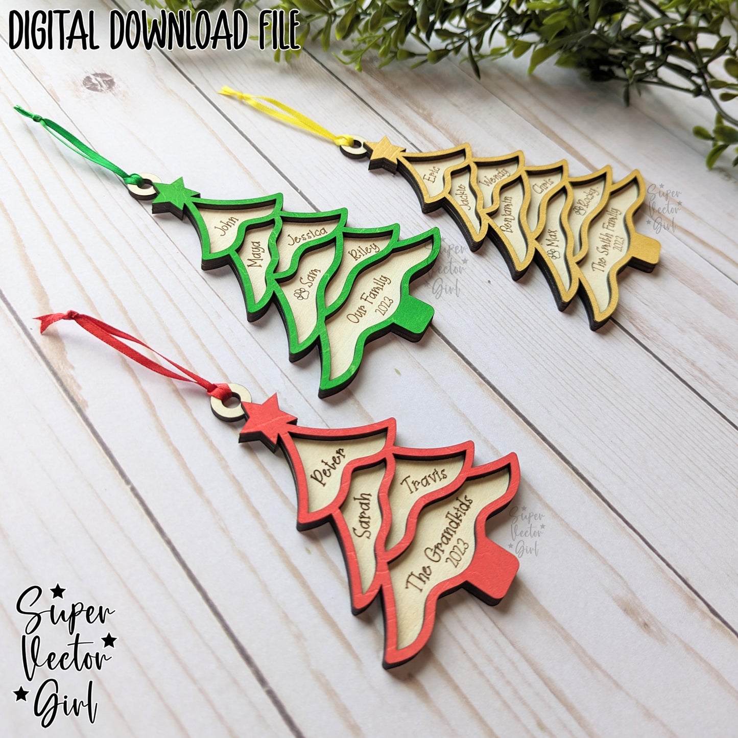 Our Family Christmas Tree Ornament, SVG, Digital Laser Cut File files, Personalized, Large Family, Grand Children, Names Engraved Ornament, Gift
