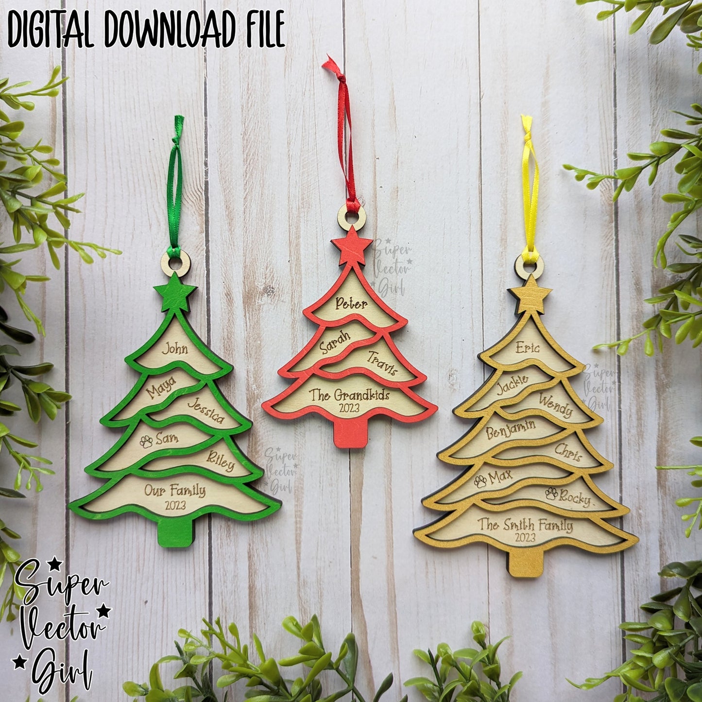 Our Family Christmas Tree Ornament, SVG, Digital Laser Cut File files, Personalized, Large Family, Grand Children, Names Engraved Ornament, Gift