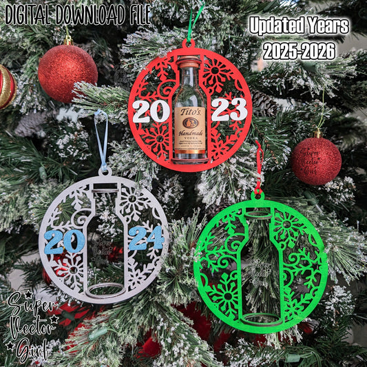 Mini Shooter Christmas New Year Ornament, 2025-2026, Compatible with Tito's Booze Bottle Shot, Alcohol 50 ML, Round Liquor Holder, SVG, Digital Laser Cut File, Gift