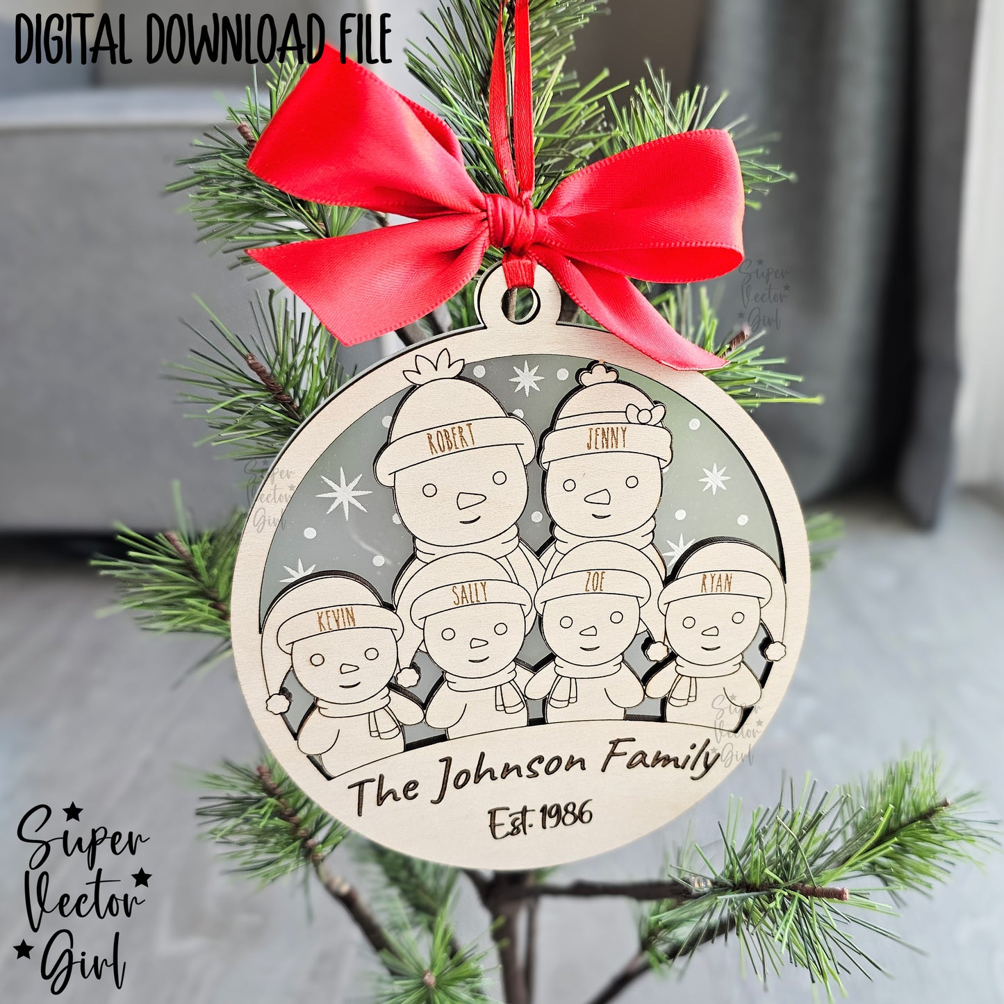 Snowman Family Christmas Ornament, up to 6 Custom Name, Personalized, SVG, Laser Cut File, xTool Glowforge files, 1st Christmas, Baby, Married, Mr. Mrs.