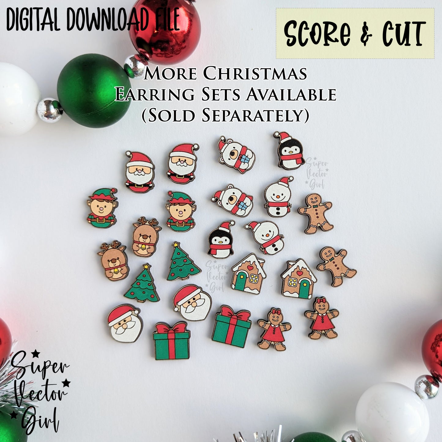 Cute Winter Christmas Stud Earrings Bundle Set, SVG, Digital Laser Cut File files, Score and Cut, Laser Cut Earring, Snowman Penguin Bear Holiday