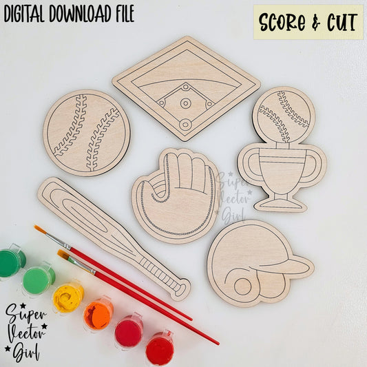 Baseball DIY Paint Kit Set, SVG, Score & Cut, Laser Cut File, xTool Glowforge files, sports, sport ball, trophy bat glove stadium, kids coloring