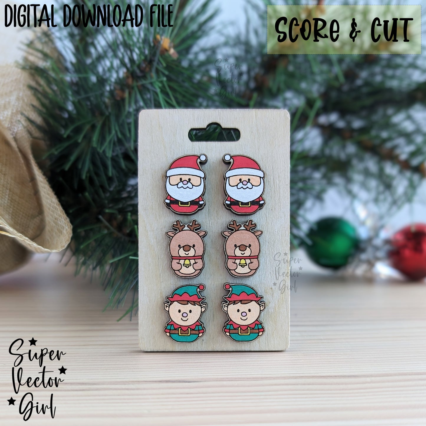 Cute Christmas Stud Earrings Bundle Set, SVG, Digital Laser Cut File files, Score and Cut, Laser Cut Earring, Santa Reindeer Elf Holidays