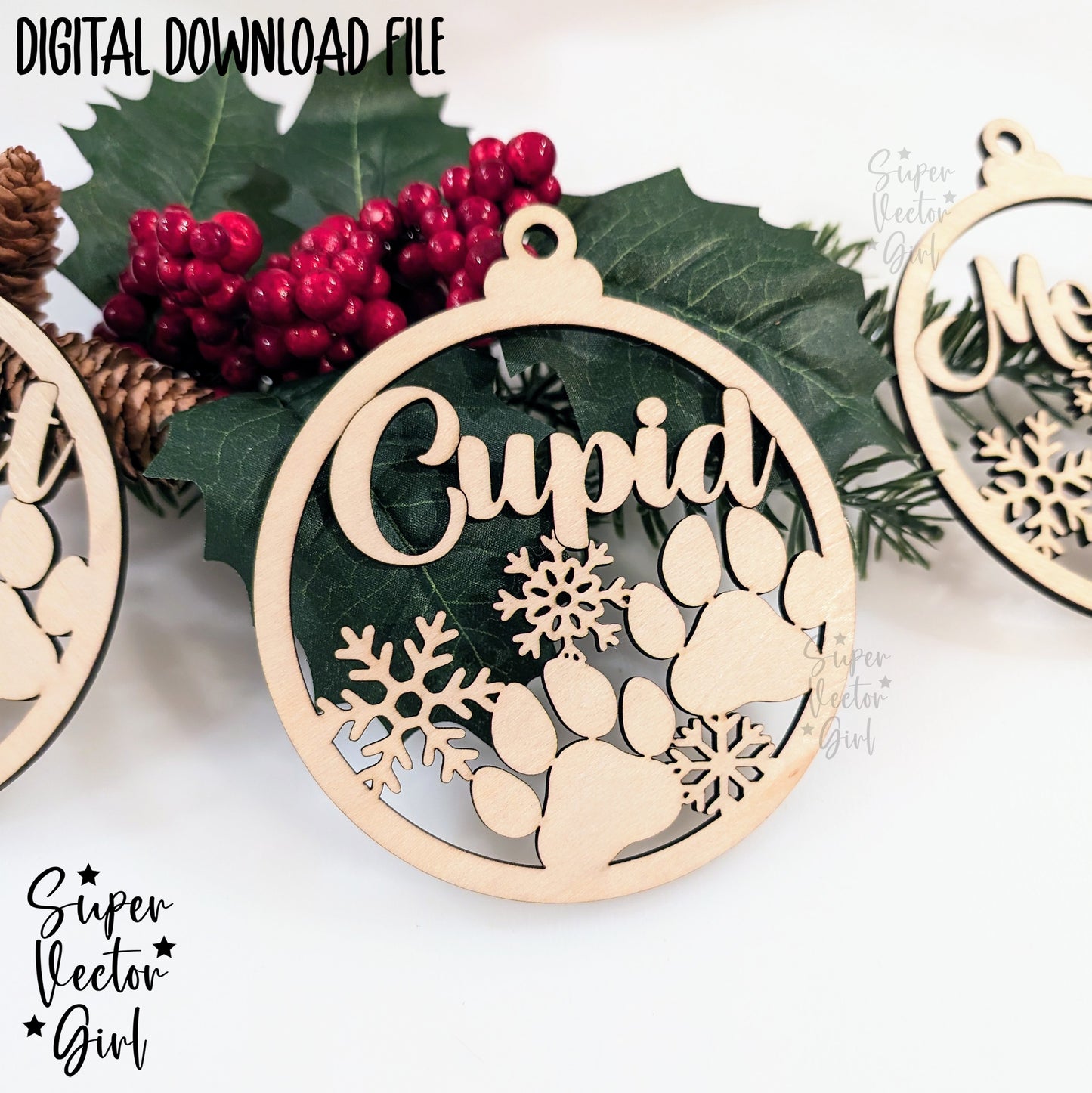 Pet Paw Christmas Tree Ornament for Dog or Cat Paws, SVG, Digital Laser Cut File files, Personalized Custom Animal Name, Gift, Decoration Memorial