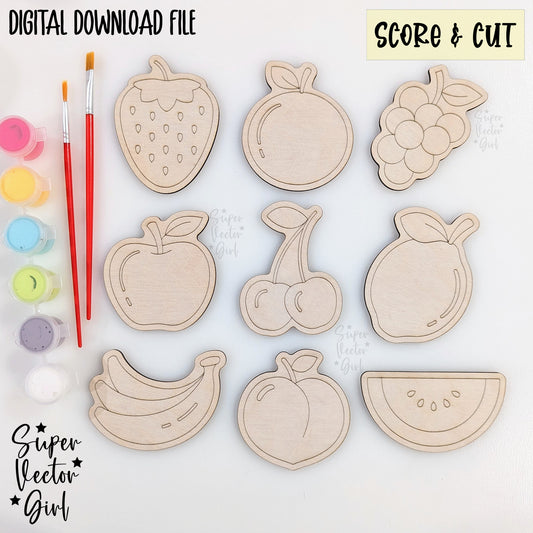 Fruits DIY Paint Kit Set, SVG, Score & Cut, Laser Cut File, xTool Glowforge files, Birthday Party, summer strawberry peach apple grape kid coloring