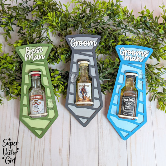 Groom Best Man Groomsman Neck Tie Shot Bottle Shooter Holder, SVG, Laser Cut File, Mini Alcohol Gift, Small Round or Square Booze Bottle, Alcohol 50 ML Shooters, Mini Liquor Holder, Wedding Party Gift