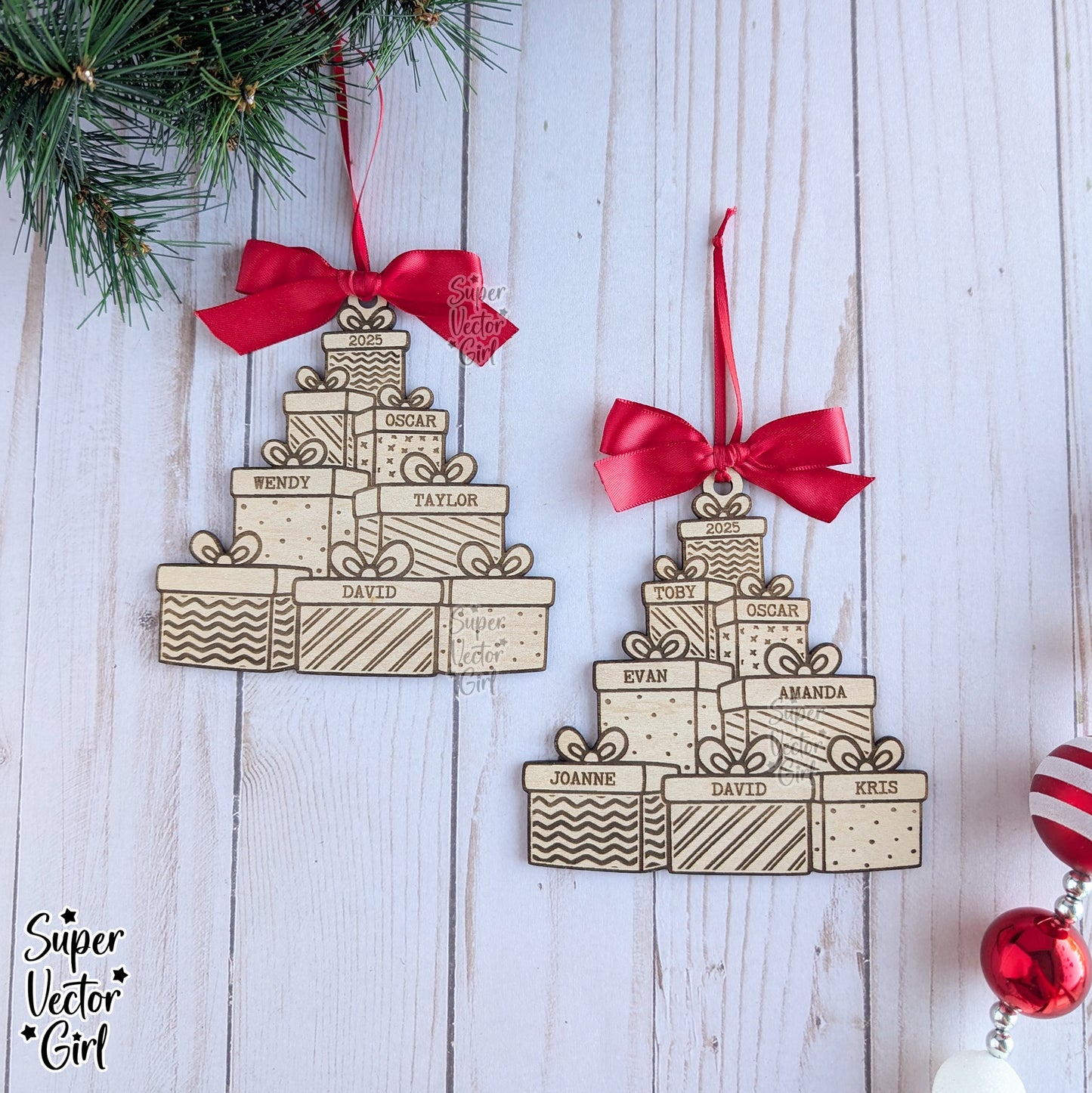 Stack of Presents Family Christmas Ornament, up to 8 Names, Tree Shape, SVG, Digital Laser Cut File files, Personalized Name, Engraved Gifts, Christmas Stacked Gift Boxes Wood Ornament