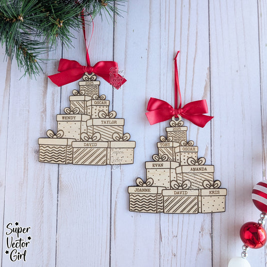 Stack of Presents Family Christmas Ornament, up to 8 Names, Tree Shape, SVG, Digital Laser Cut File files, Personalized Name, Engraved Gifts, Christmas Stacked Gift Boxes Wood Ornament