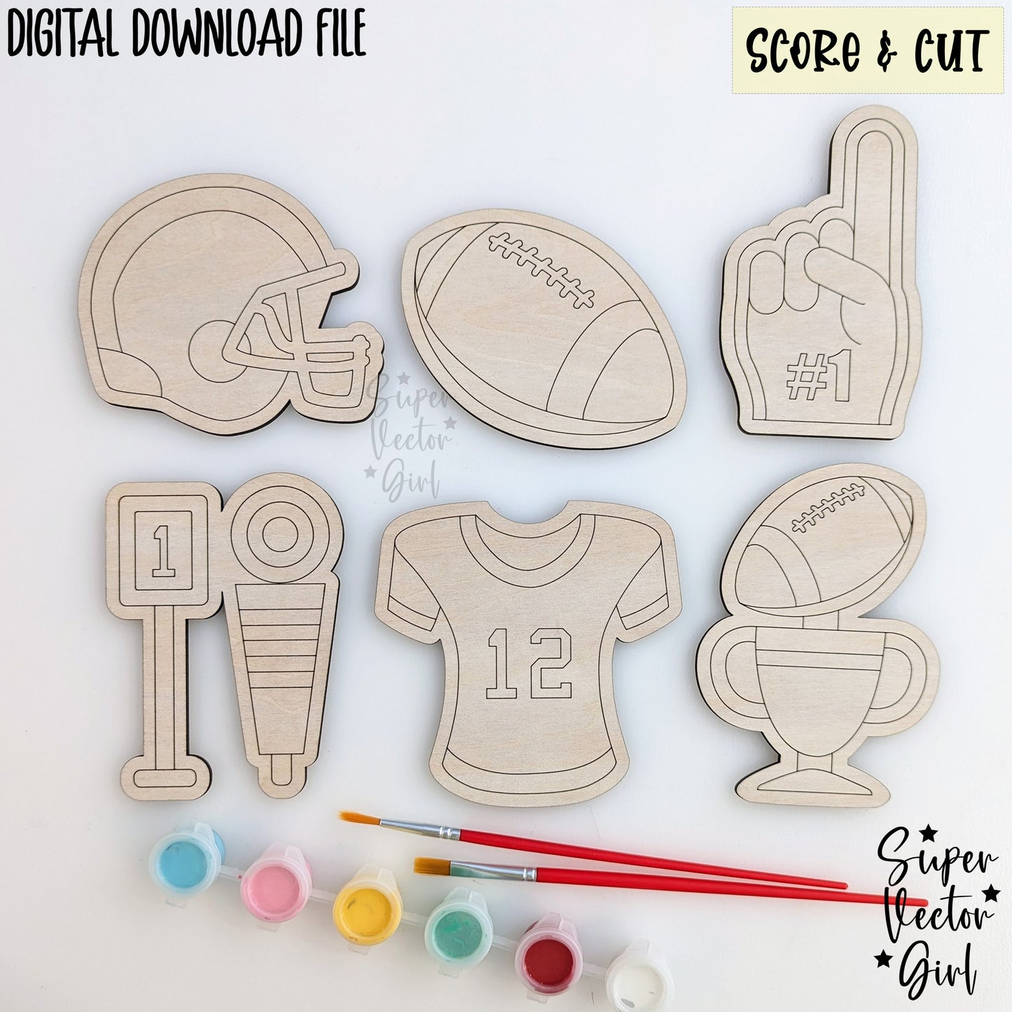 Football DIY Paint Kit Set, SVG, Score & Cut, Laser Cut File, xTool Glowforge files, sports, sport ball, trophy, jersey, stadium, kid coloring